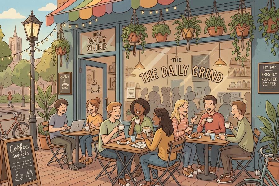 Illustrated street-side specialty coffee cafe with people drinking coffee, chatting, and working outside beneath hanging plants and warm lights.