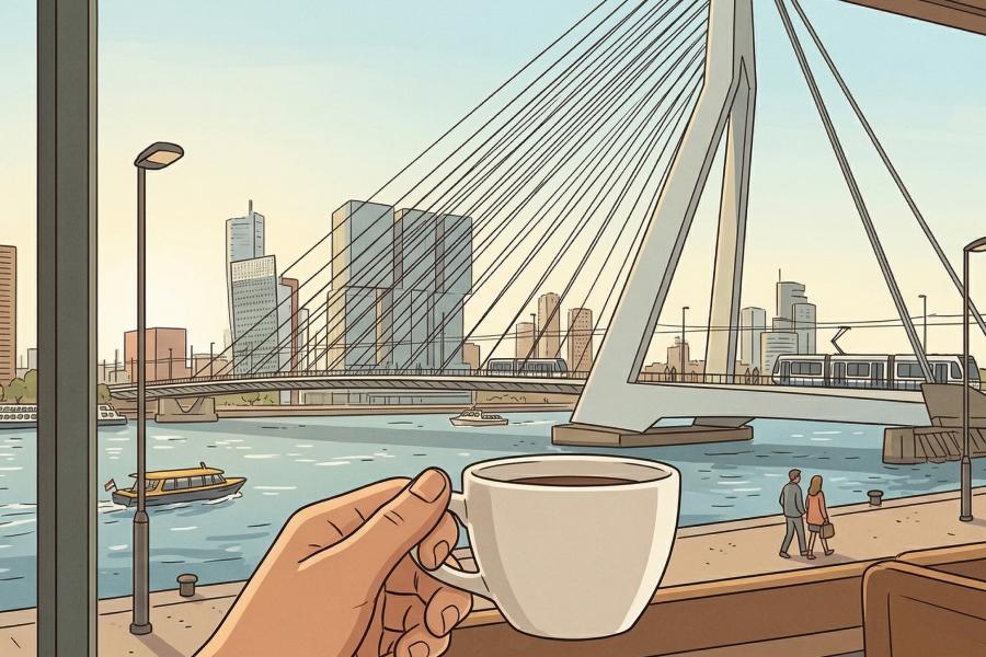 Illustrated view of Rotterdam’s Erasmus Bridge seen from a café window, with a hand holding a cup of coffee in the foreground.