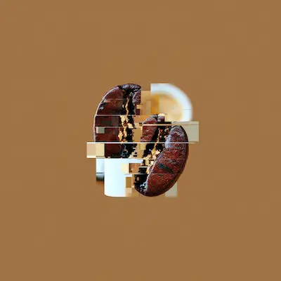 A close-up, surreal image of a coffee bean and a cup of coffee with a glitch art effect on a solid brown background.