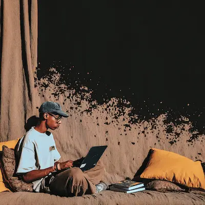 A person wearing a baseball cap works on a laptop while seated on a couch surrounded by pillows.