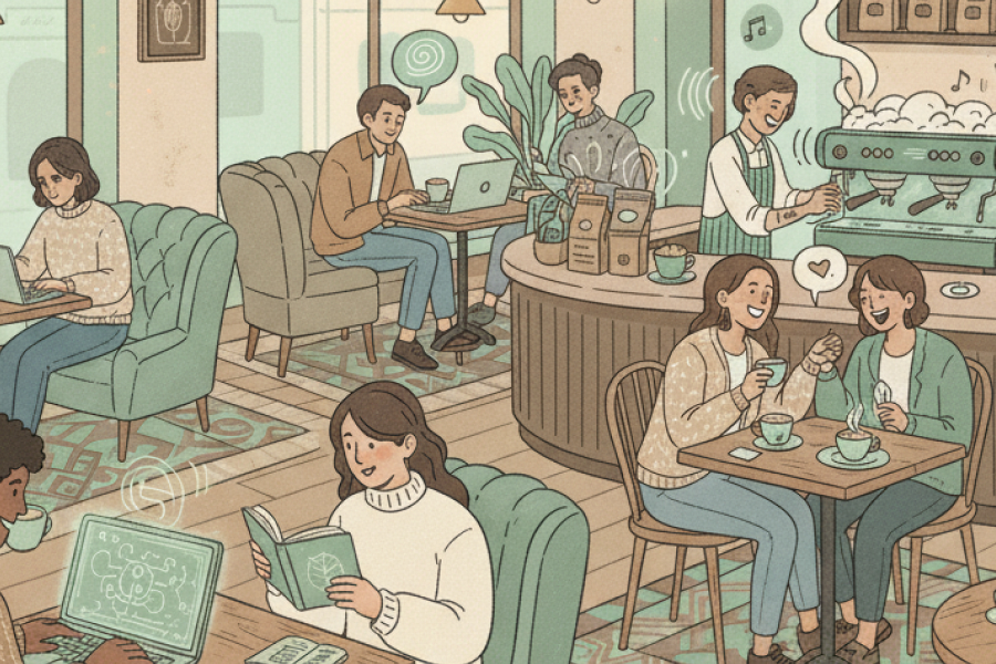 An illustrated scene of a lively café with people working on laptops, reading, and conversing. The artwork features mint and coffee colors, depicting a busy barista and ambient sounds.