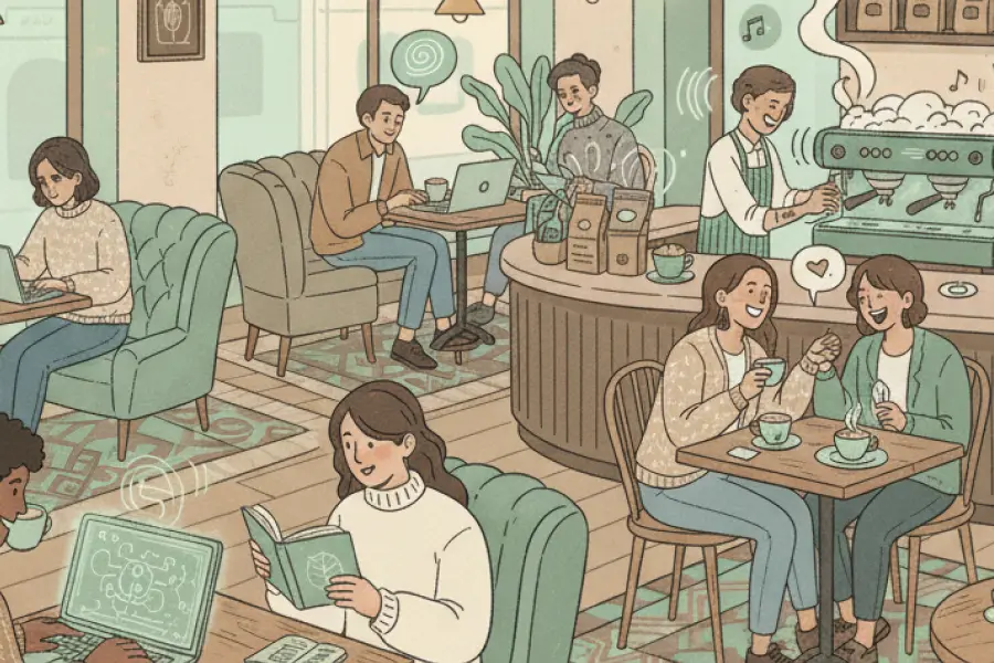 An illustrated scene of a lively cafe with people working on laptops, reading, and conversing. The artwork features mint and coffee colors, depicting a busy barista and ambient sounds.