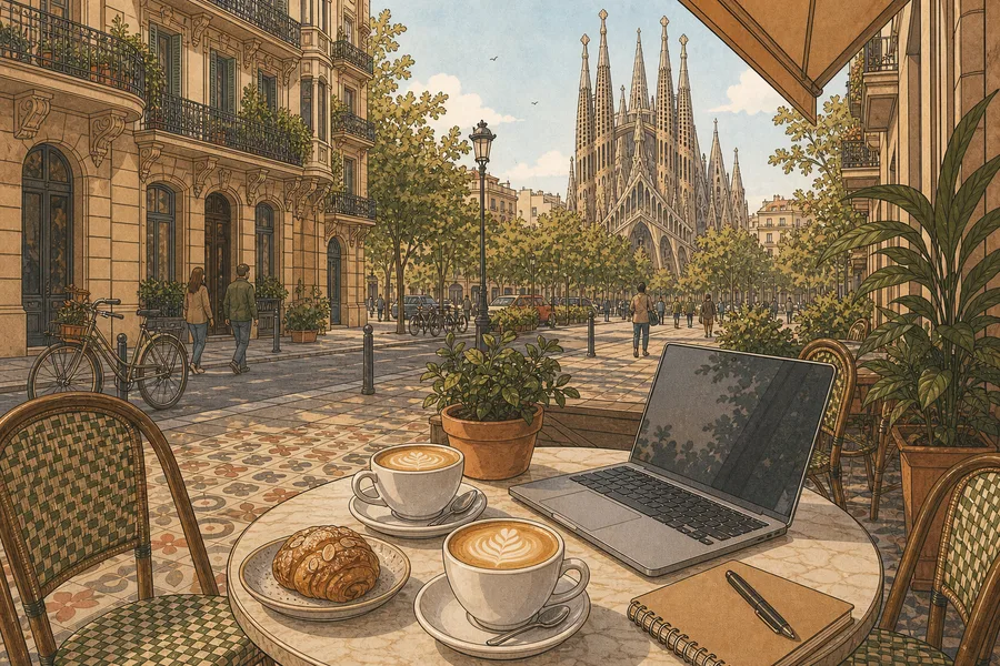 Illustration of a Barcelona cafe terrace table with cappuccinos, a croissant, a laptop, Eixample balconies, and the Sagrada Familia in the distance.