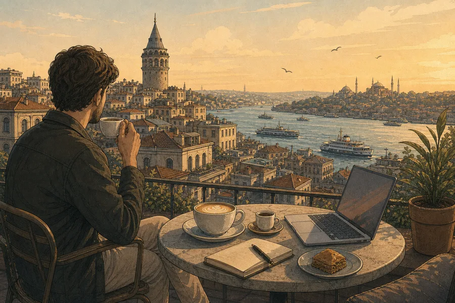 Illustration of an Istanbul rooftop cafe table with coffee, a laptop, Galata Tower, ferries, and the Bosphorus at golden hour.