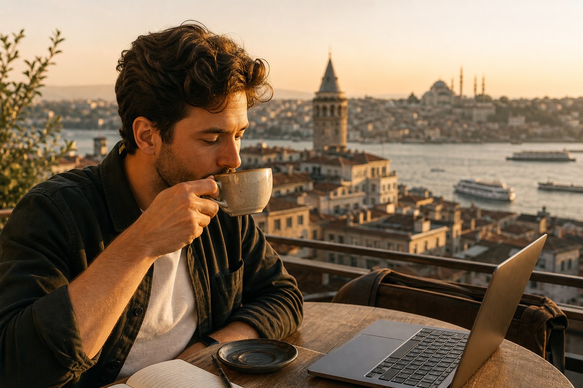 A person drinking coffee beside a laptop at an Istanbul rooftop table with Galata Tower and the Bosphorus in the background.