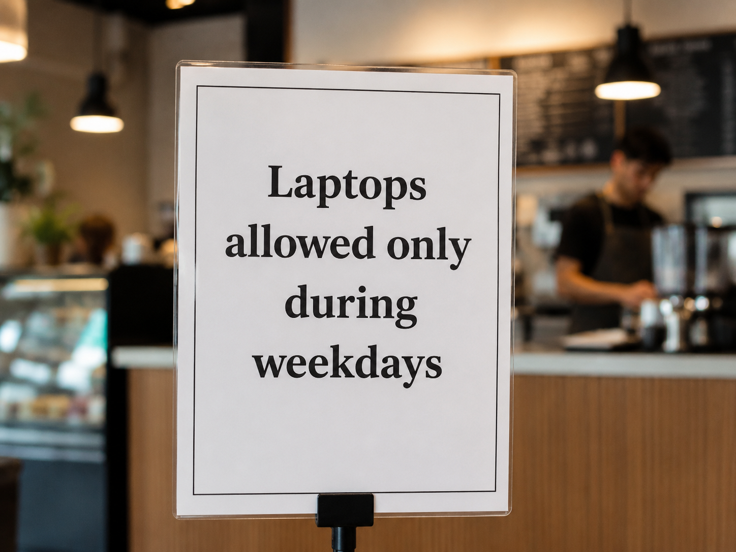 A cafe sign showing that laptops are not allowed, used as a reminder that some cafes work better without screens.