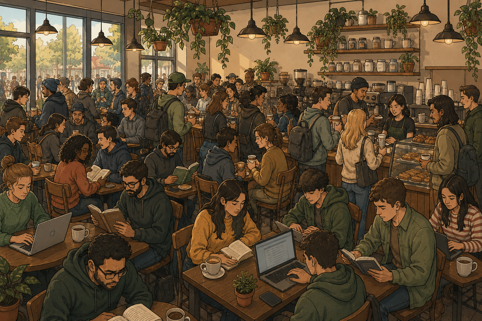 Illustration of a quiet cafe during weekday hours, with empty tables, coffee cups, soft light, and a calm street outside.
