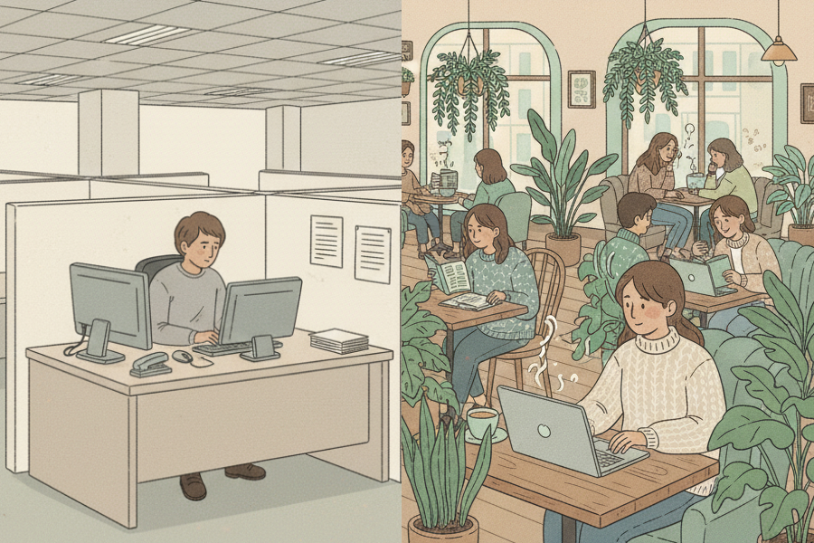 Bright cafe scene with people chatting softly while a barista prepares coffee behind the counter.