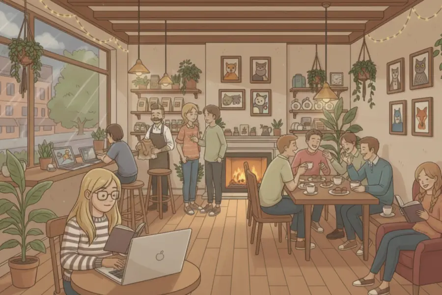 Illustration of a cozy cafe with plants and warm lights, where one person works on a laptop while others chat and relax near a fireplace.