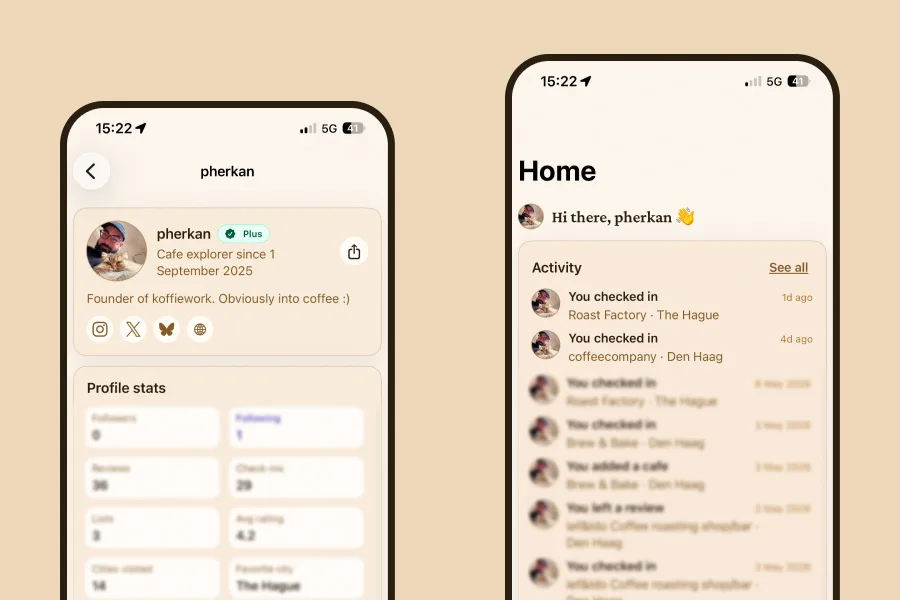 Two iPhone mockups on a beige background show the koffiework app interface, including a user profile screen with cafe stats and a home screen with recent coffee check-ins and activity.