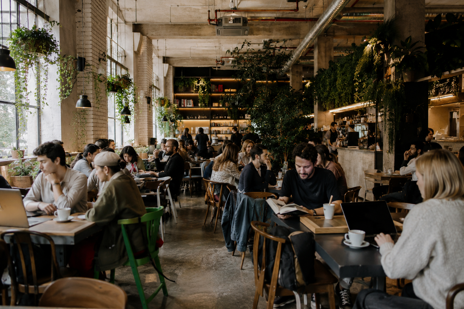 A busy modern cafe interior with people drinking coffee, reading, and using laptops in a warm welcoming space.