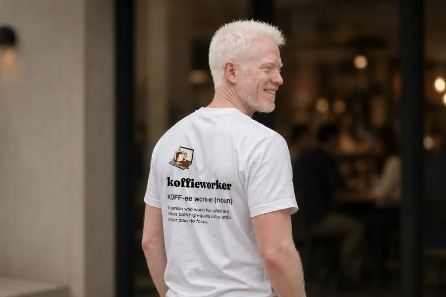 Man wearing the white koffieworker T-shirt outside a cafe