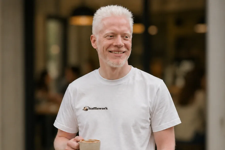Back print of the white koffieworker T-shirt worn outside