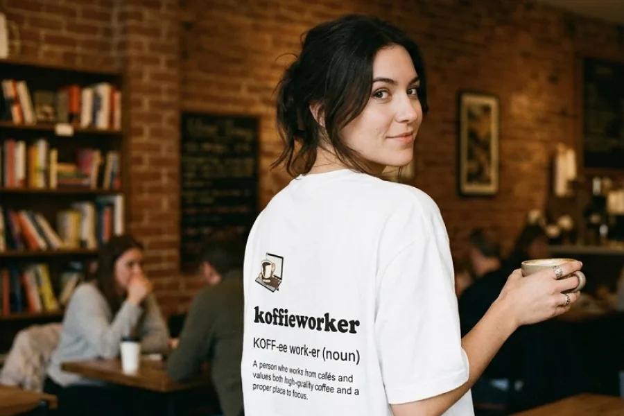 Woman wearing the white koffieworker T-shirt