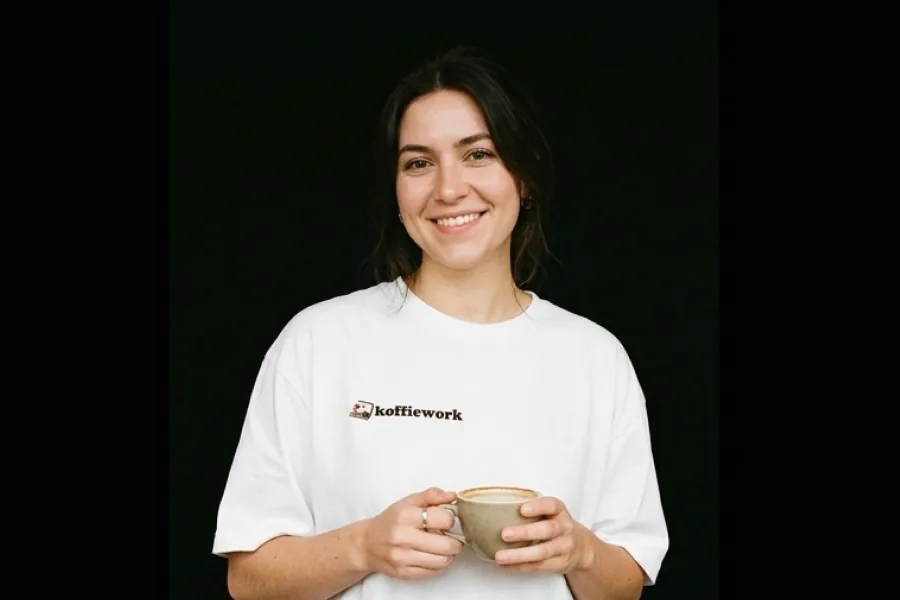 Woman wearing the white koffieworker T-shirt near a cafe table