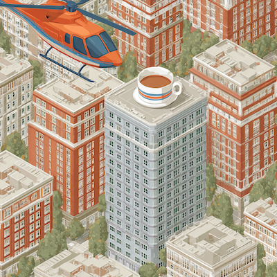 Helicopter view of a city with a helicopter flying and a coffee cup on a building