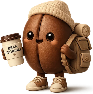 A cute anthropomorphic coffee bean mascot called Bean Beginner standing upright with a cheerful expression, wearing a beige beanie, small sneakers, and a backpack with a rolled sleeping mat. The character holds a takeaway coffee cup in one hand. Rendered in warm brown and beige tones with soft rounded shapes and a playful premium illustration style.