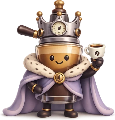 A whimsical gender-neutral espresso mascot character called Espresso Emperor, designed in a soft premium startup illustration style. The character has a simple smiley face with round eyes and a subtle smile, wearing a lavender royal cape with fluffy trim and a metallic crown inspired by espresso machine parts. The mascot is shaped like a glass espresso cup filled with layered coffee and crema, holding a tiny espresso cup in one hand like a royal symbol. The illustration uses muted lavender, beige, coffee brown, and soft metallic tones, with rounded shapes, gentle shadows, and a playful collectible dribbble-style aesthetic.